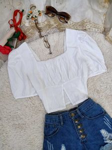 White Puff Sleeve Square Neck Top