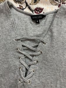Grey Lace-Up Ribbed Top