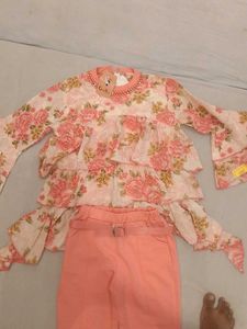 Floral Print Peplum Top with Coral Pants Set