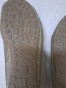 Gold Bellies Flat Shoes. Beautiful Gold Bow And Sequin Work.