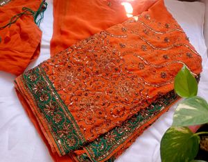 Orange Embellished Saree with Blouse