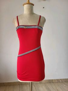 Red Bodycon Dress with Stripe Detail. Length 30 In