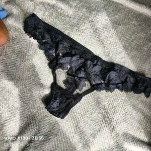 I. Black Lace Floral Thong Panty