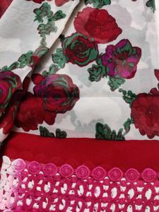 Floral Chiffon Saree with Red Blouse