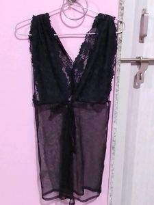 Deep Scallop Neck Sheer Babydoll With Thong