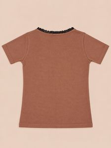 Brown V-Neck Lace Trim T-Shirt