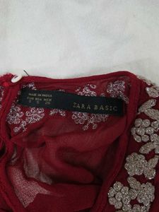 Zara Wine Red Embellished Neck Sleeveless Blouse