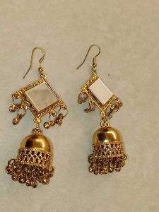 Golden jhumka hangings with mirror