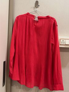 Chic Red Pleated Tie-Neck Blouse