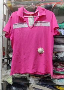 Chic Pink Polo T-Shirt with White Patchwork Detail