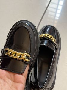 Chic Black Patent Loafers with Gold Chain