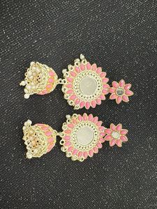 Pink Jhumka Earrings with Mirror