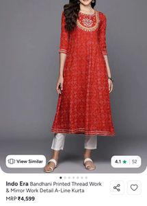 Red Bandhani Printed Kurta with Mirror Work