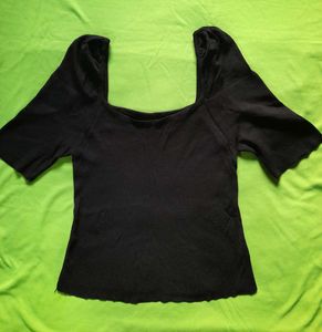 Square Neck Black Ribbed Puff Sleeve Top Partywear