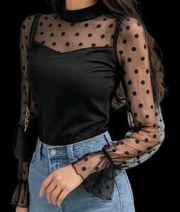 Chic Black Polka Dot Mesh Sleeve Top