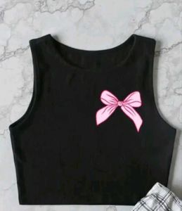 Black Crop Top with Pink Bow