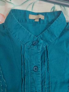 Teal Button-Up Shirt with Stitching Detail