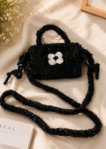 Black Fuzzy Mini Shoulder Bag with Flower 🖤🌸