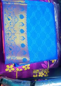 Vibrant Blue Silk Saree with Gold Border