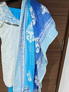 Designer White and Blue Kurta Set