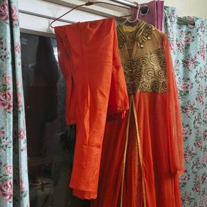 Designer Orange &amp; Gold Ethnic Gown