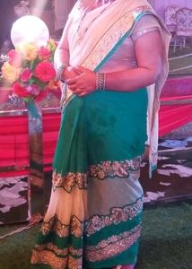 Beautiful Cream And Green Colour Net Saree Golden
