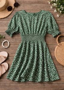 new Green &amp; White Print Casual Dress