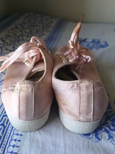 Pink Satin Sneakers with Pearl &amp; Ribbon Accents