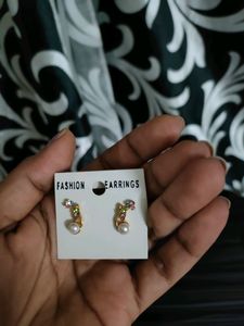 Small Faux Pearl Earring With Multi Colour Stones