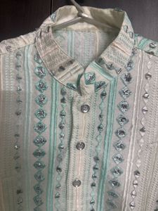 boys Off white kurta with blue embroidery