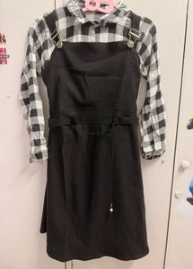 Chic Black Pinafore Dress with Gingham Shirt