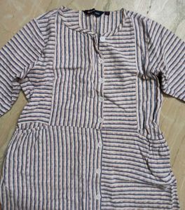 White &amp; Grey Striped Cotton Dress For Women