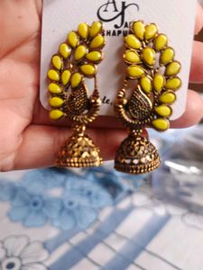 Vibrant Yellow Peacock Jhumka Earrings