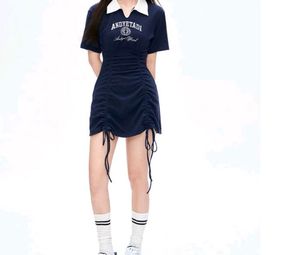 13279. Navy Blue Ruched Drawstring Dress