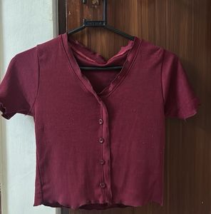Maroon Button-Up Crop Top