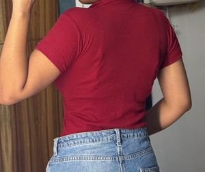 burgundy knit polo collar top
