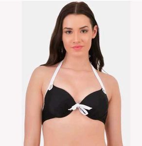 Black Halter Bikini Top with White Trim