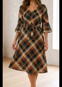Chic Plaid Midi Dress with Bell Sleeves