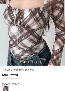 Checked Mesh Tie-Up Top