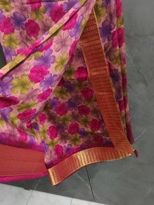 Floral Print Saree with Golden Border