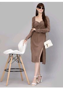 Chic Brown Ruched Long Sleeve Dress