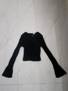 Black Ribbed Bell Sleeve Top