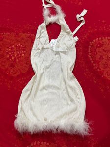 White Feather Trim Halter Neck Gown