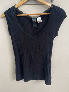 Black Lace Trim V-Neck Top