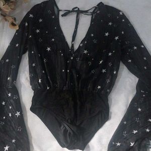 Black Star Print Bell Sleeve Bodysuit