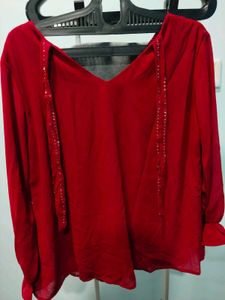 Red Embellished Long Sleeve Top