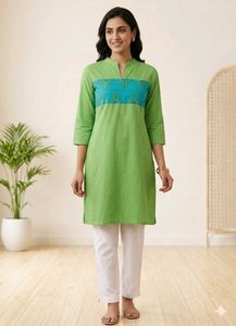 Green Cotton Kurti with Blue Detail