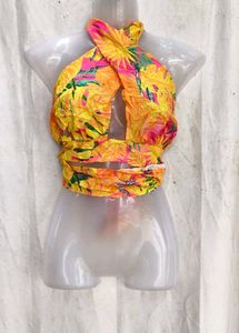 7168. Vibrant Tropical Halter Neck Crop Top