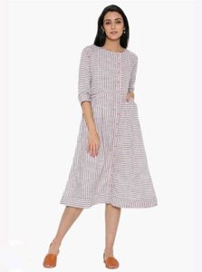 White &amp; Grey Striped Cotton Dress For Women