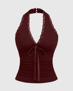 Burgundy Lace Trim Halter Top
